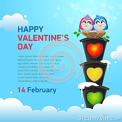 Two enamored birds in a nest at a traffic light on a background of blue sky. Happy valentine`s day banner concept with text space Vector Illustration